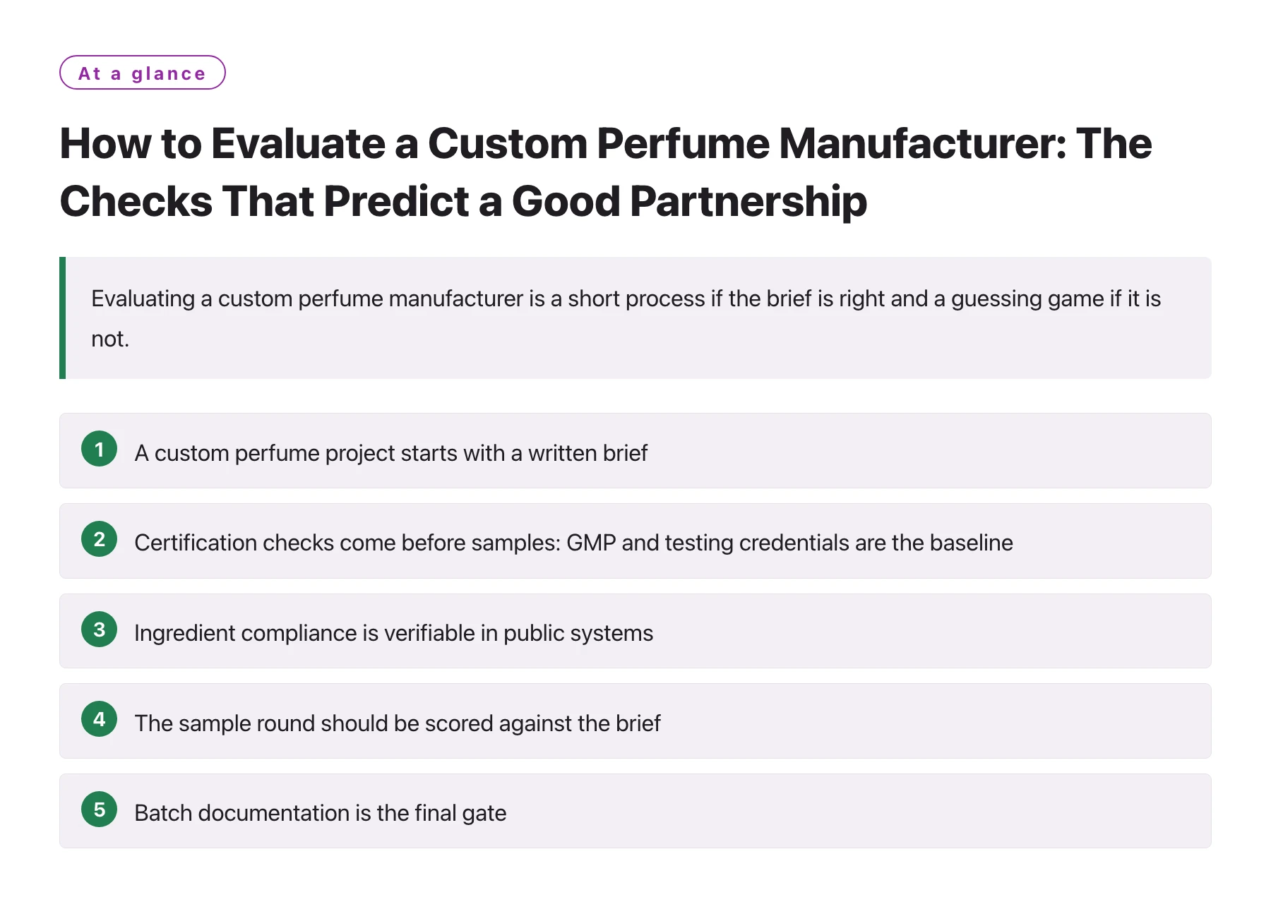 How to Evaluate a Custom Perfume Manufacturer: The Checks That Predict a Good Partnership——全文要点速览